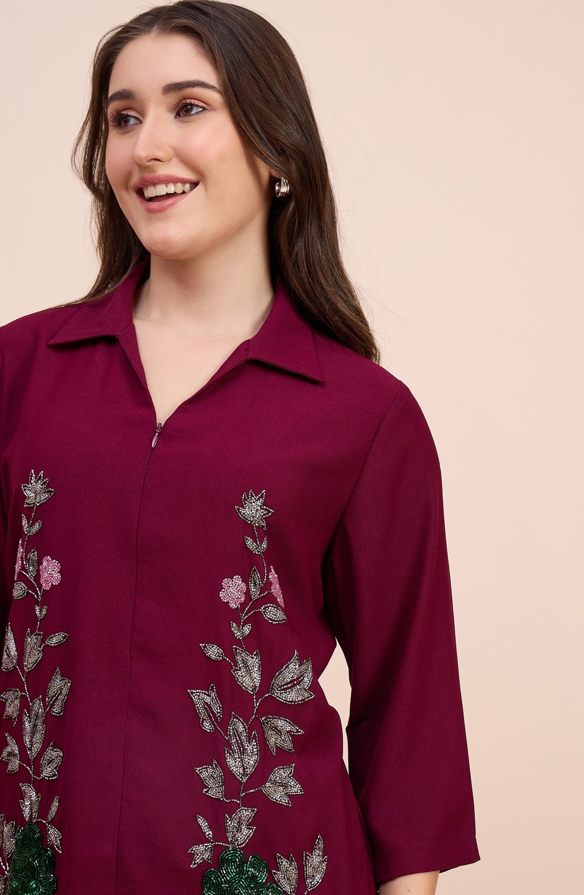 Maroon Co-ord Set with Sequin Floral Embroidery