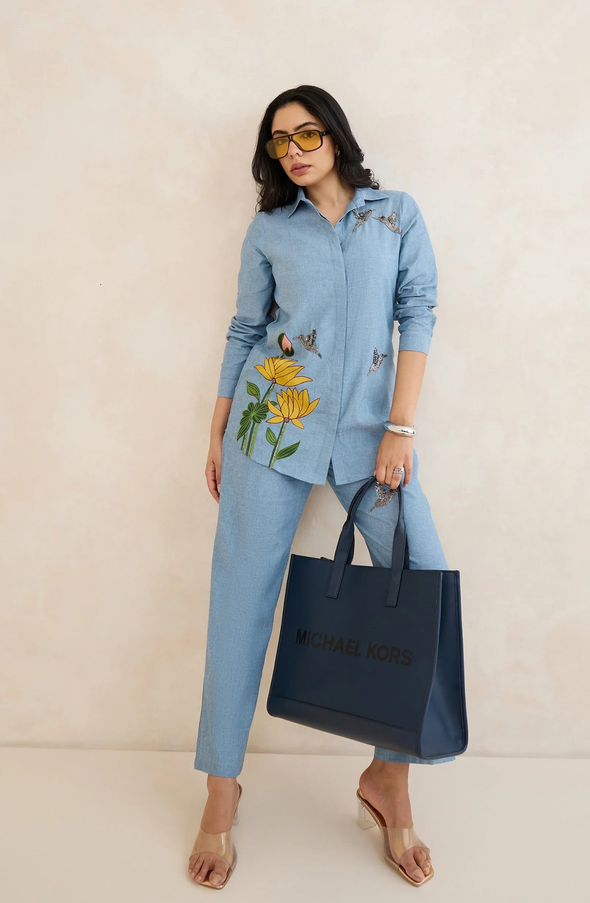Sky Blue Floral Bird Embellished Co-Ord Set