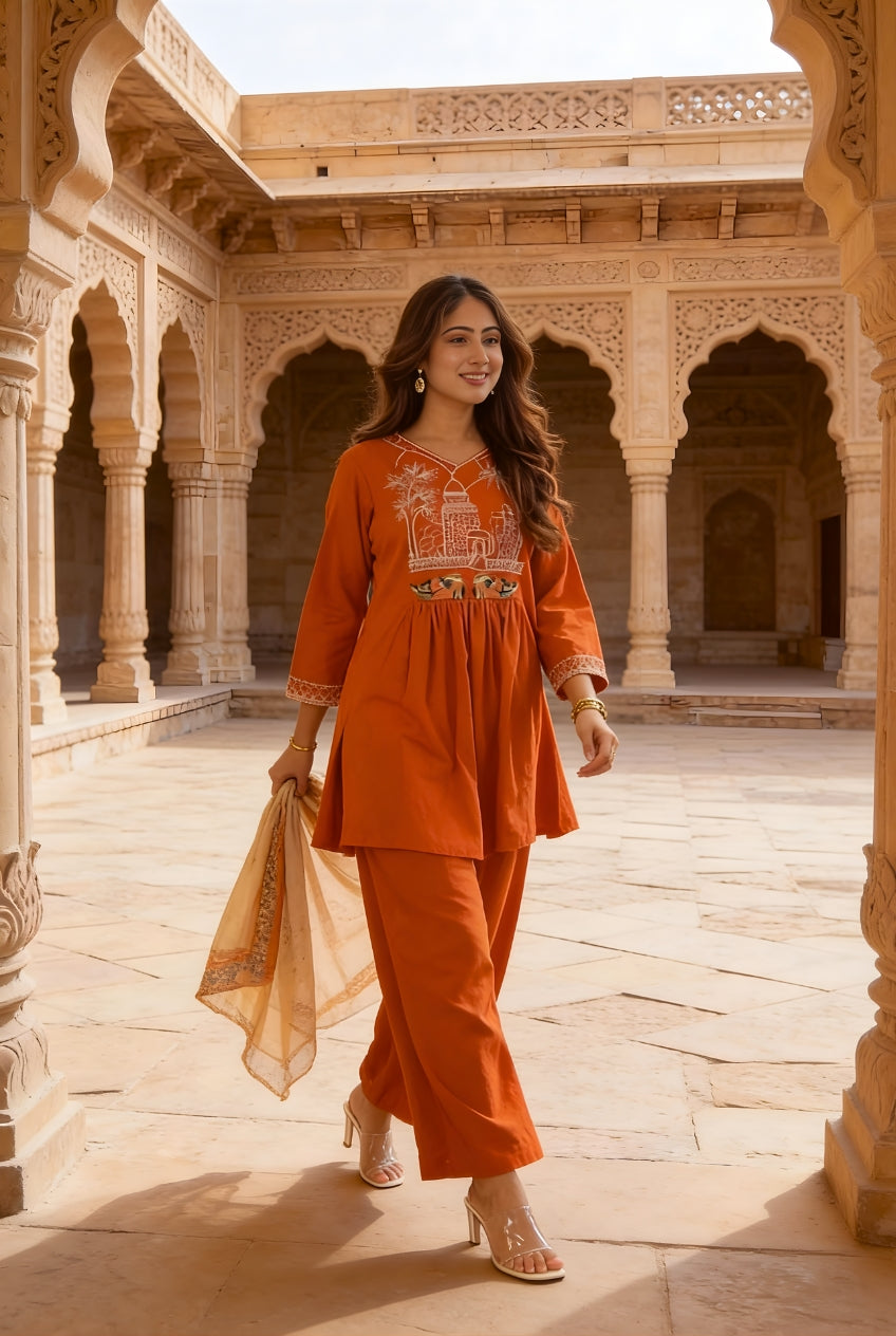 Rust Orange Embroidered Cotton Co-Ord Set