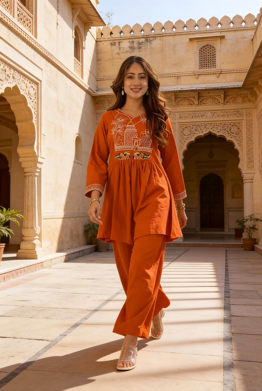 Rust Orange Embroidered Cotton Co-Ord Set