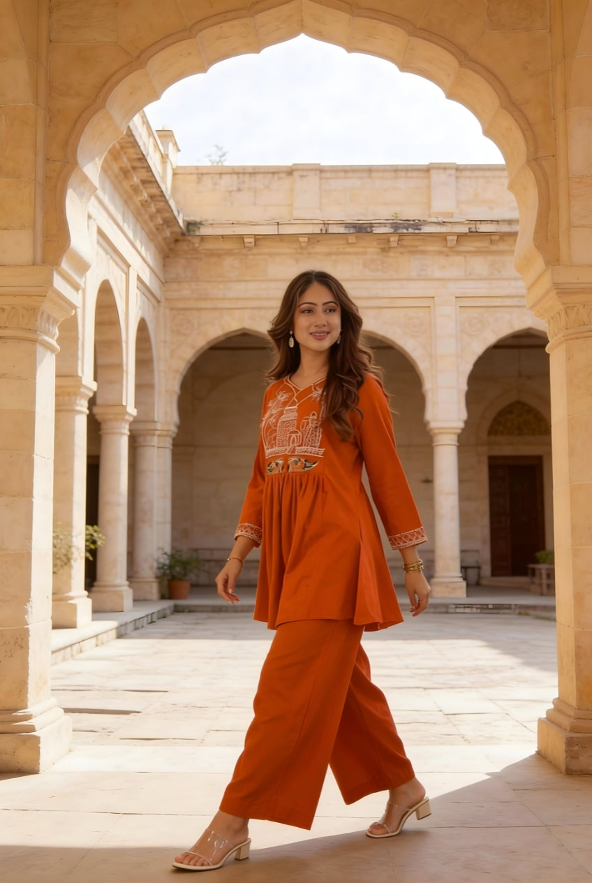 Rust Orange Embroidered Cotton Co-Ord Set