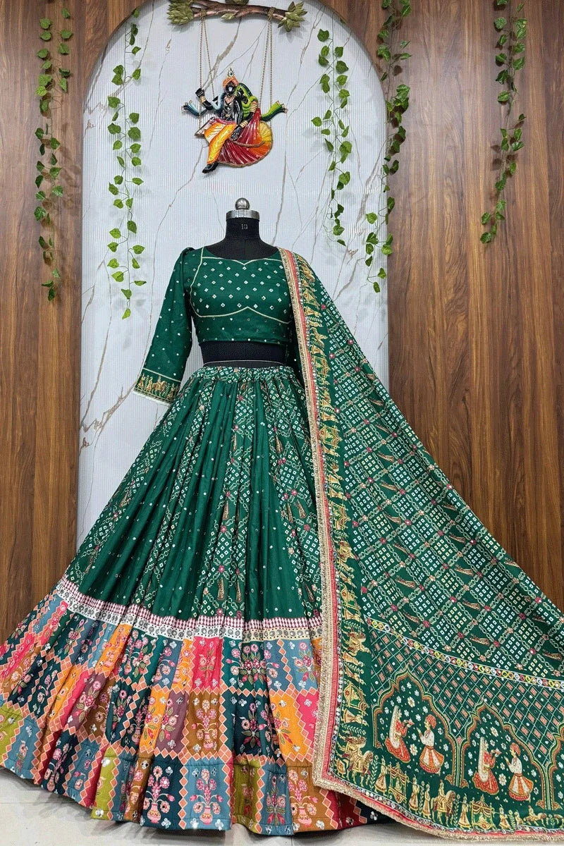 Green Color Bandhani Print Chaniya Choli For Garba