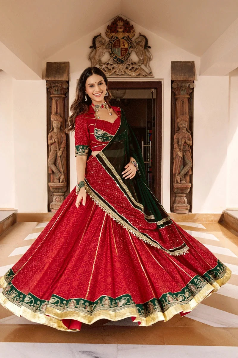 Fully Stithced Georgette Bandhej Print Red Color Chaniya Choli