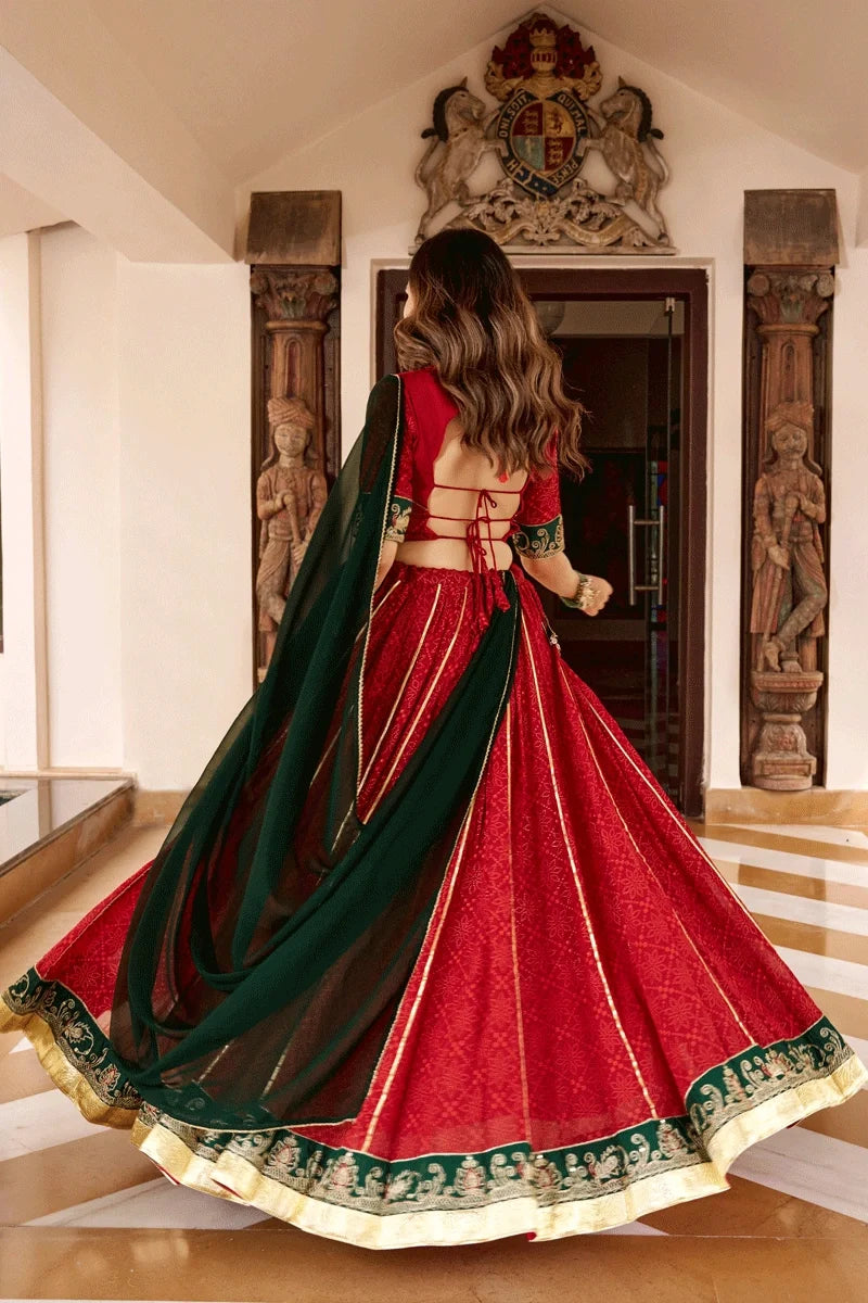 Fully Stithced Georgette Bandhej Print Red Color Chaniya Choli