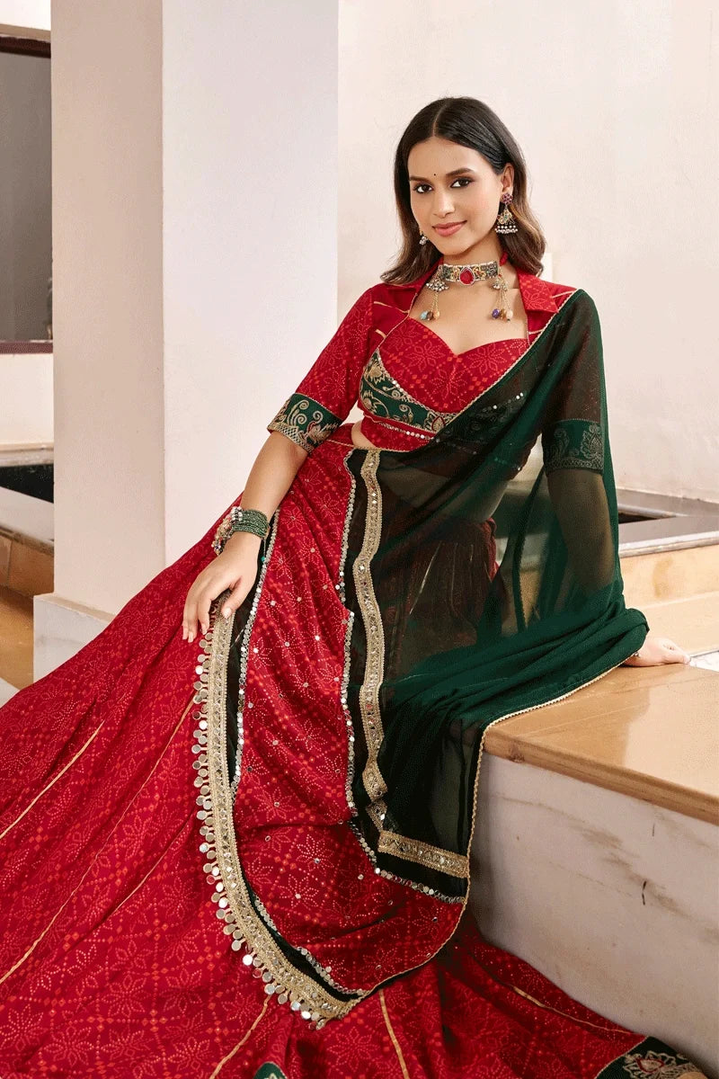 Fully Stithced Georgette Bandhej Print Red Color Chaniya Choli