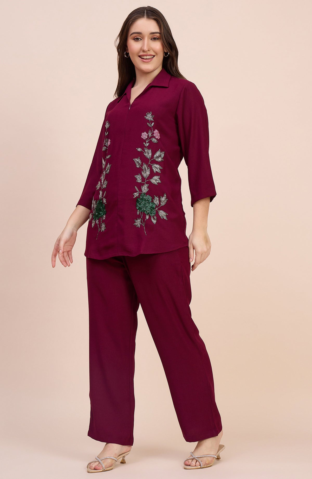 Maroon Co-ord Set with Sequin Floral Embroidery