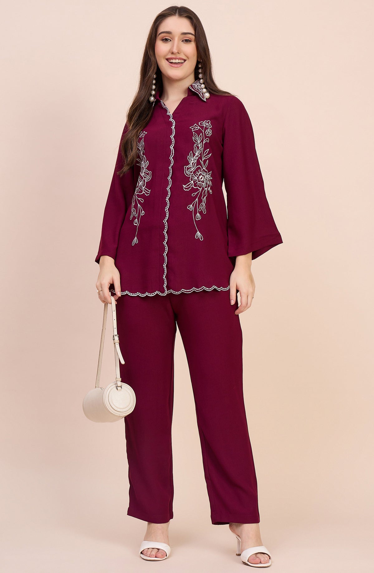 Maroon Co-ord Set with White Floral Embroidery