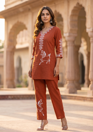 Red Embroidered Cotton Co-Ord Set