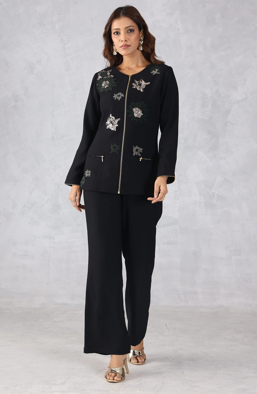 Black Embellished Zip-Front Co-Ord