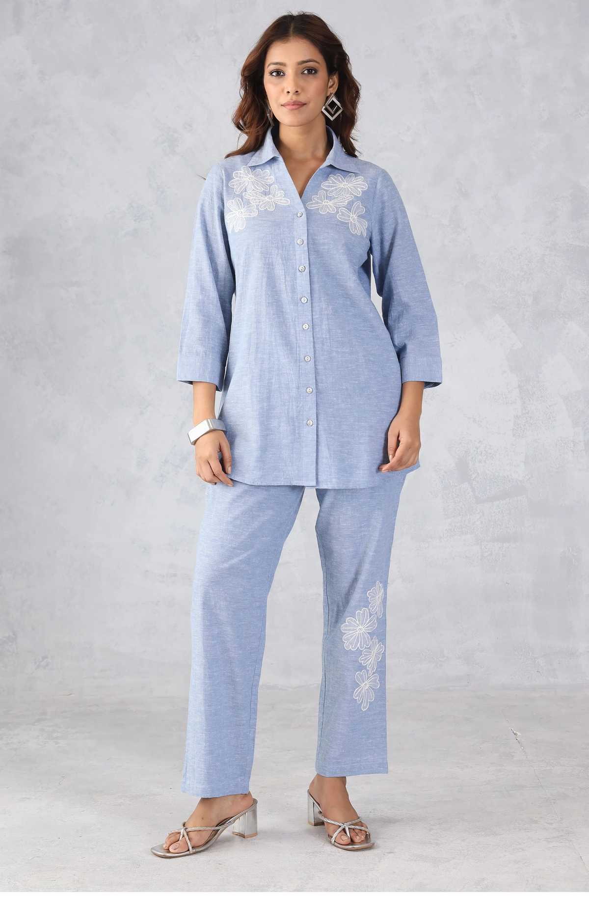 Light Blue Denim Embroidered Co-Ord Set