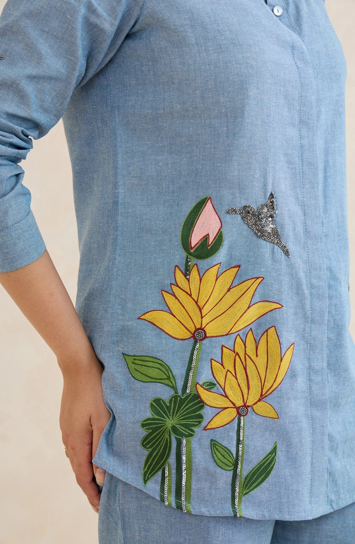 Sky Blue Floral Bird Embellished Co-Ord Set