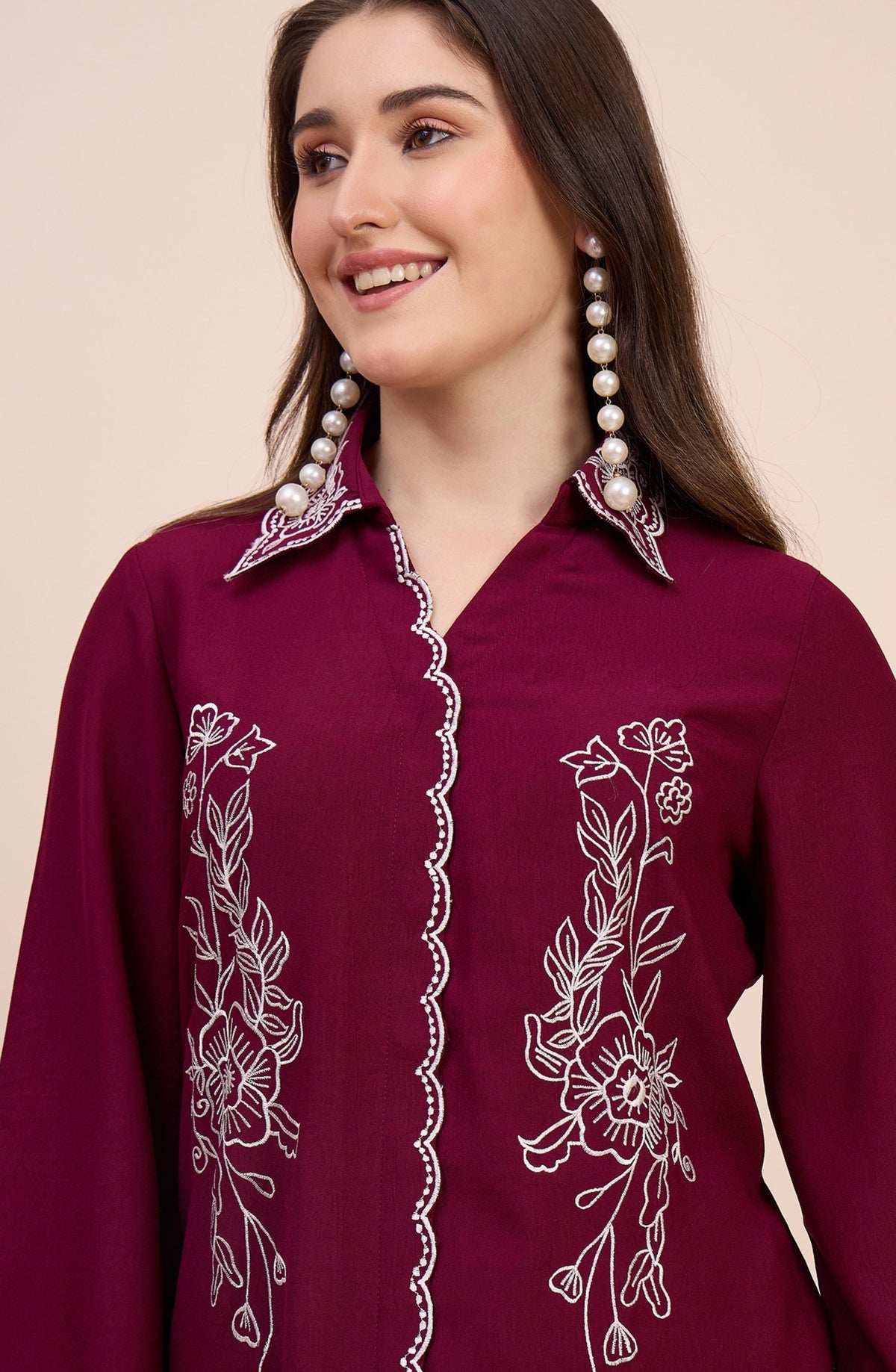 Maroon Co-ord Set with White Floral Embroidery