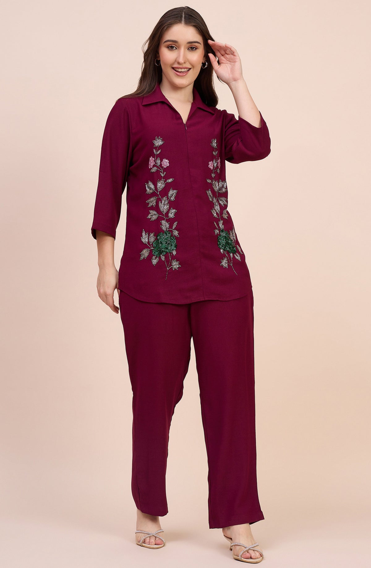 Maroon Co-ord Set with Sequin Floral Embroidery