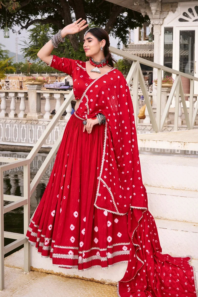 Red Color Fully Stitched Bandhani Print Lehenga Choli For Women