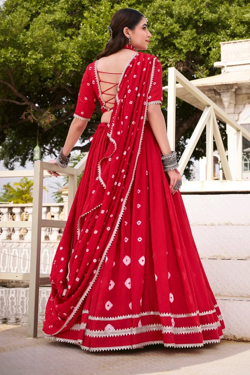 Red Color Fully Stitched Bandhani Print Lehenga Choli For Women
