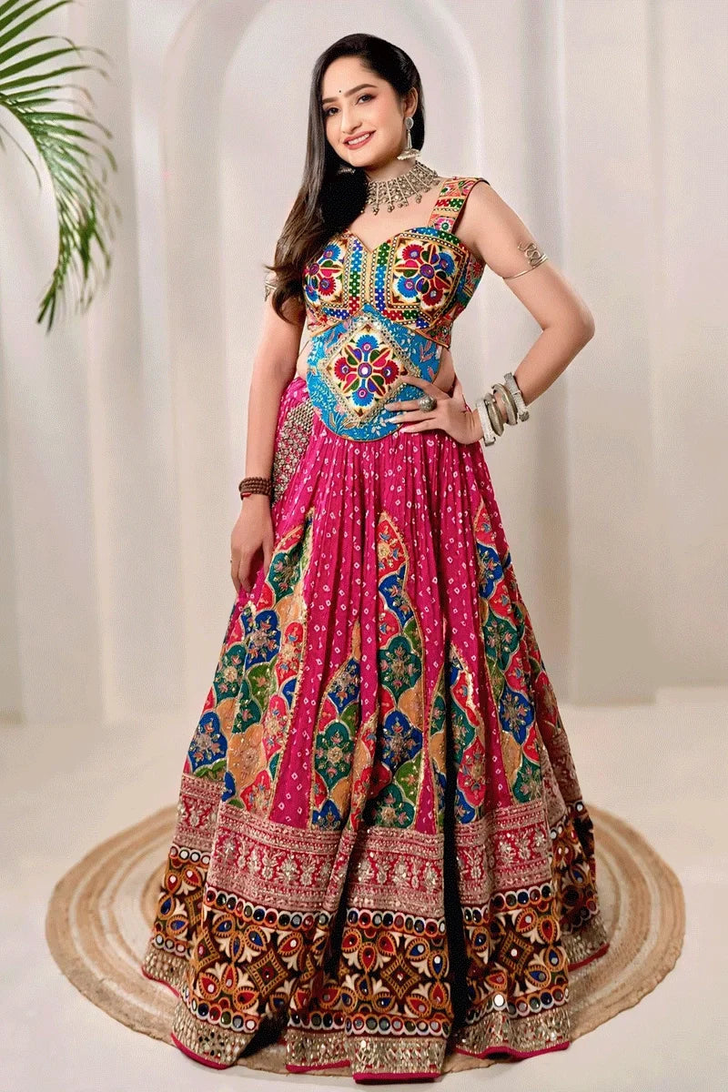 Real Mirror Work With Bandhani Print Ghagra Choli For Navratri
