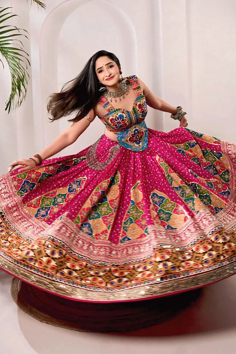 Real Mirror Work With Bandhani Print Ghagra Choli For Navratri