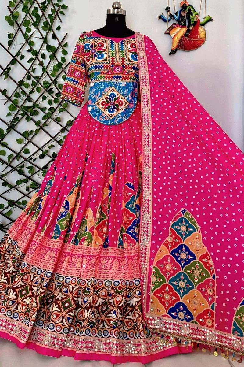 Real Mirror Work With Bandhani Print Ghagra Choli For Navratri
