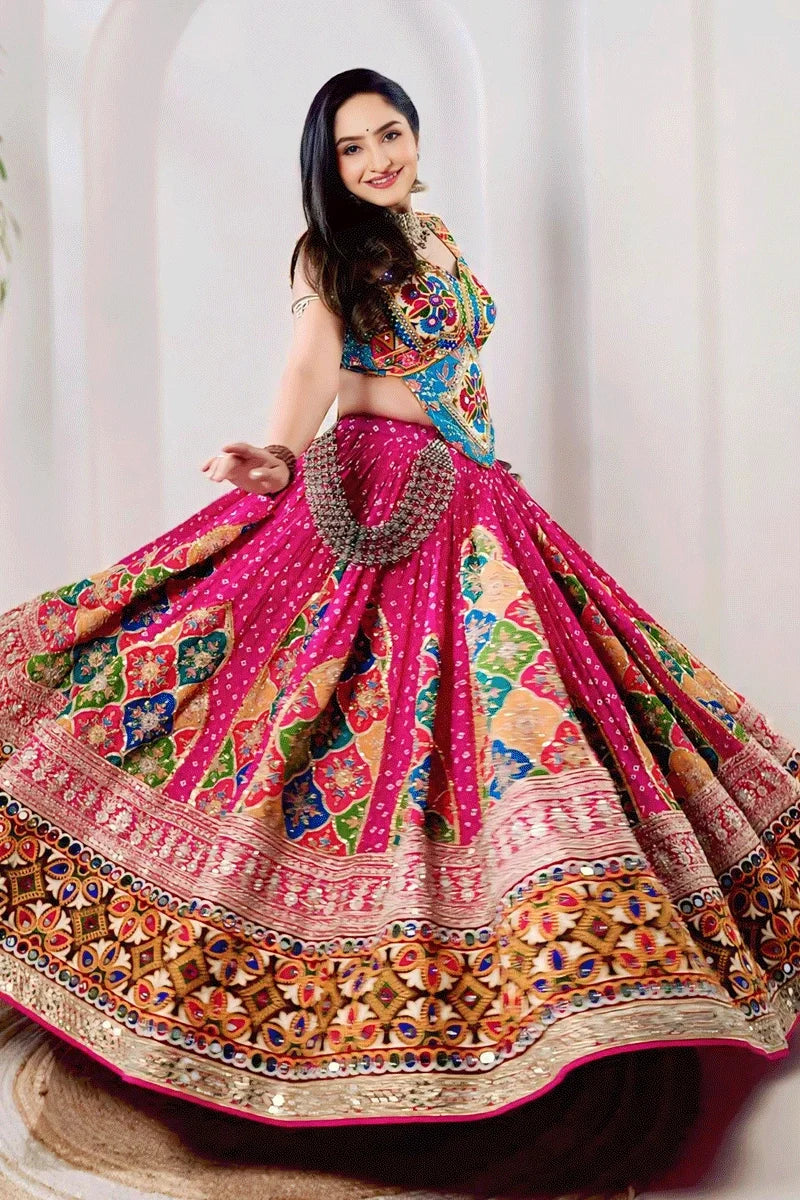 Real Mirror Work With Bandhani Print Ghagra Choli For Navratri