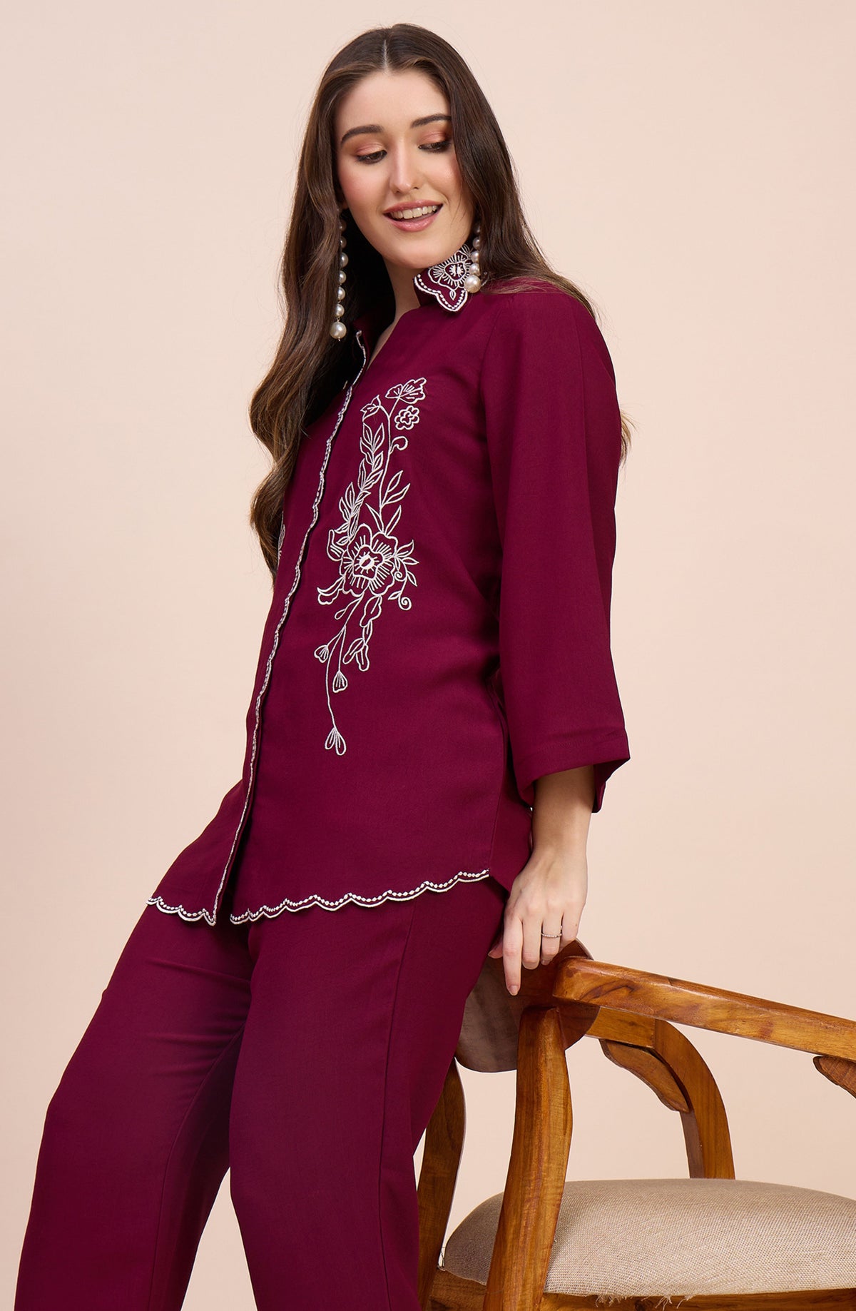 Maroon Co-ord Set with White Floral Embroidery