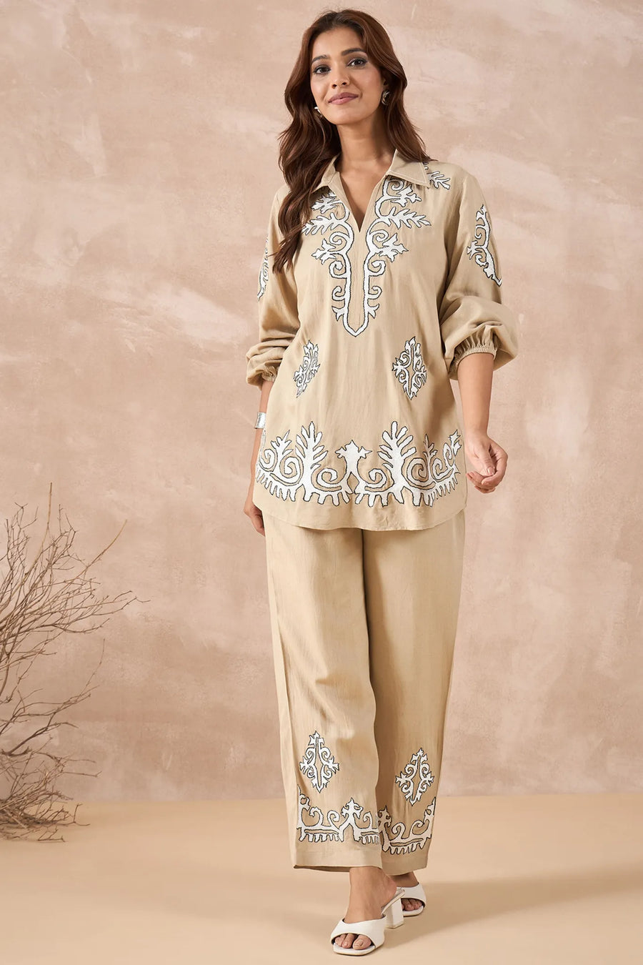 Beige Abstract Embroidered Co-Ord Set