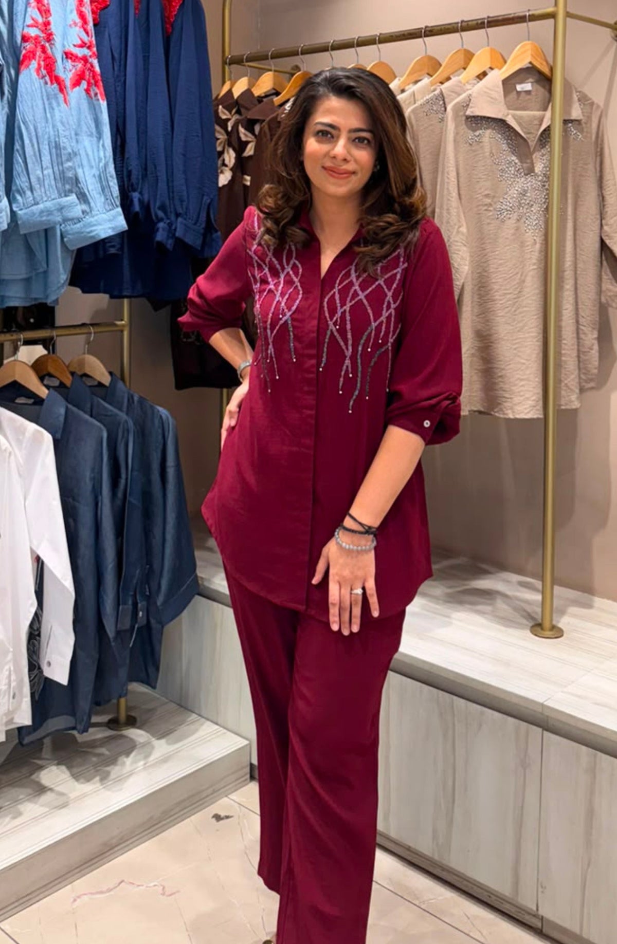 Maroon Embellished Co-Ord Set With Tonal Handwork