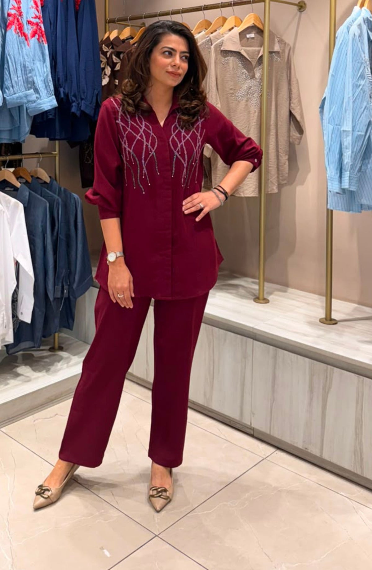 Maroon Embellished Co-Ord Set With Tonal Handwork