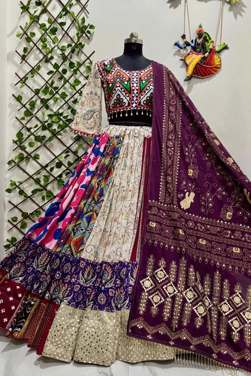 Digital Print Real Mirror Work Ghagra Choli For Garba