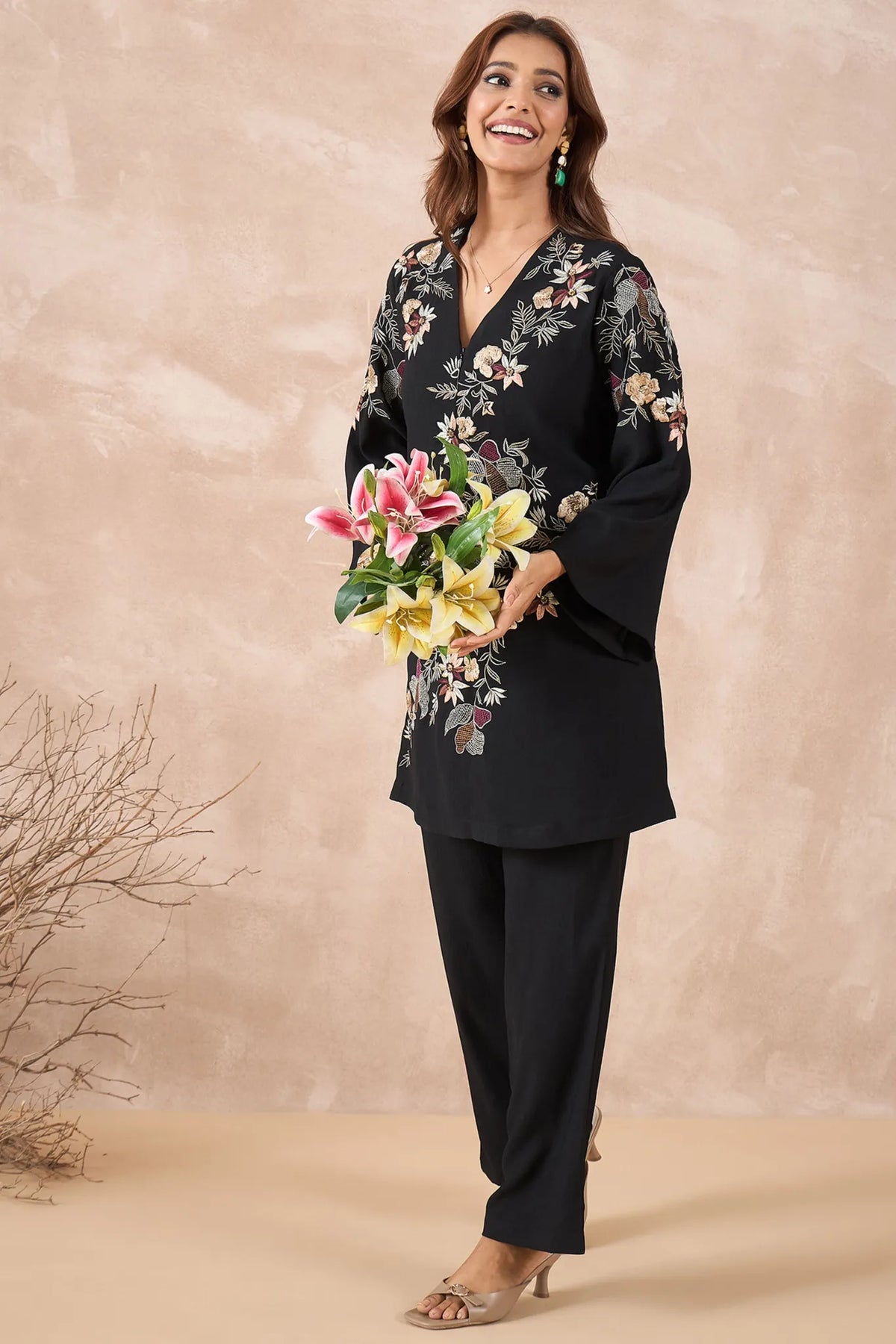 Black Floral Embroidered Co-Ord Set