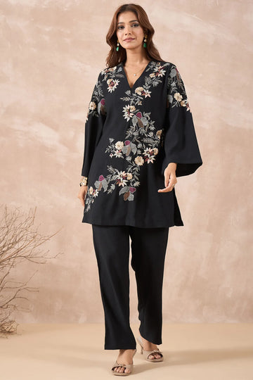 Black Floral Embroidered Co-Ord Set