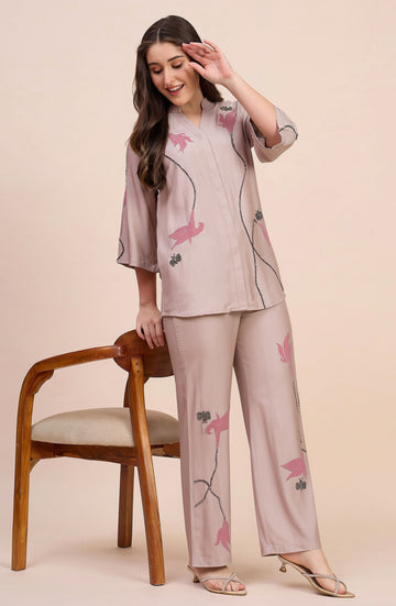 Off-Beige Co-ord Set with Beaded Vine & Pink Tulip Applique