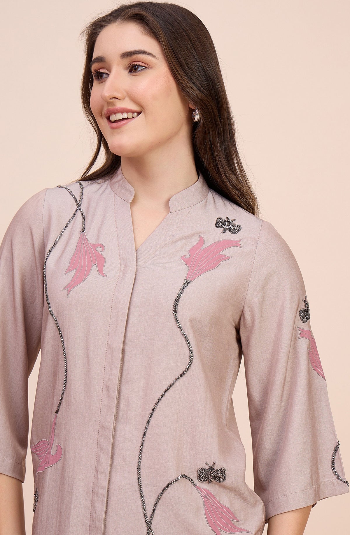 Off-Beige Co-ord Set with Beaded Vine & Pink Tulip Applique