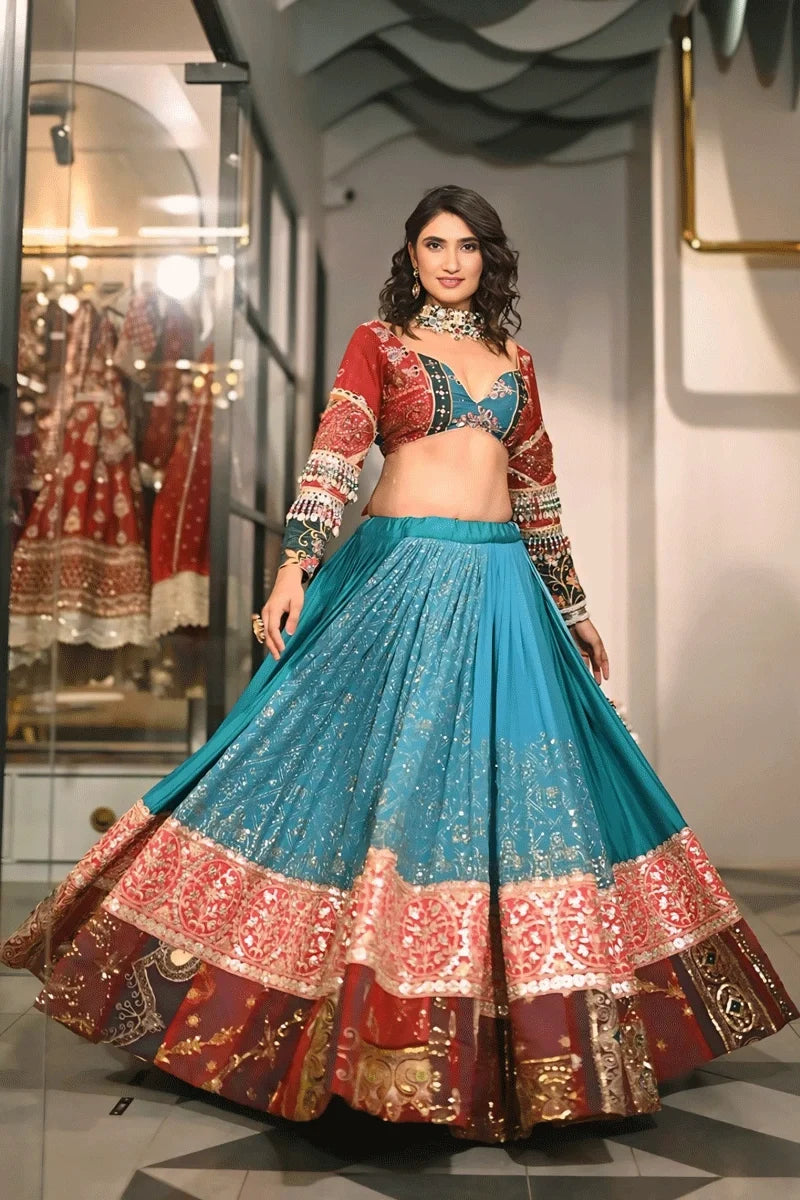 Real Mirror Work Sky Blue Chaniya Choli For Navratri