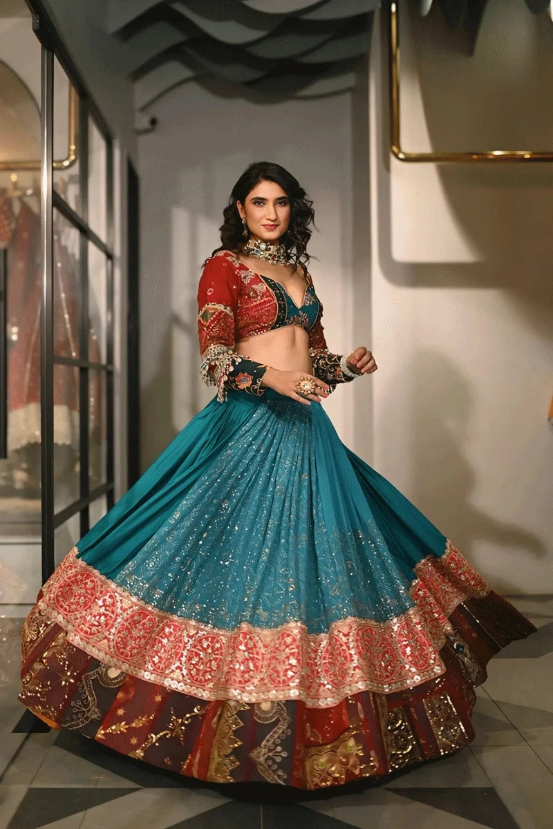 Real Mirror Work Sky Blue Chaniya Choli For Navratri