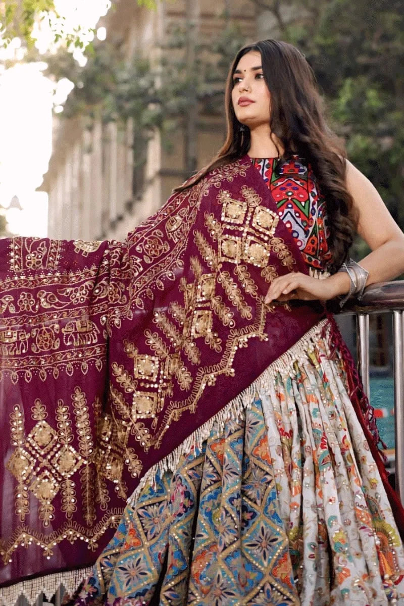 Digital Print Real Mirror Work Ghagra Choli For Garba