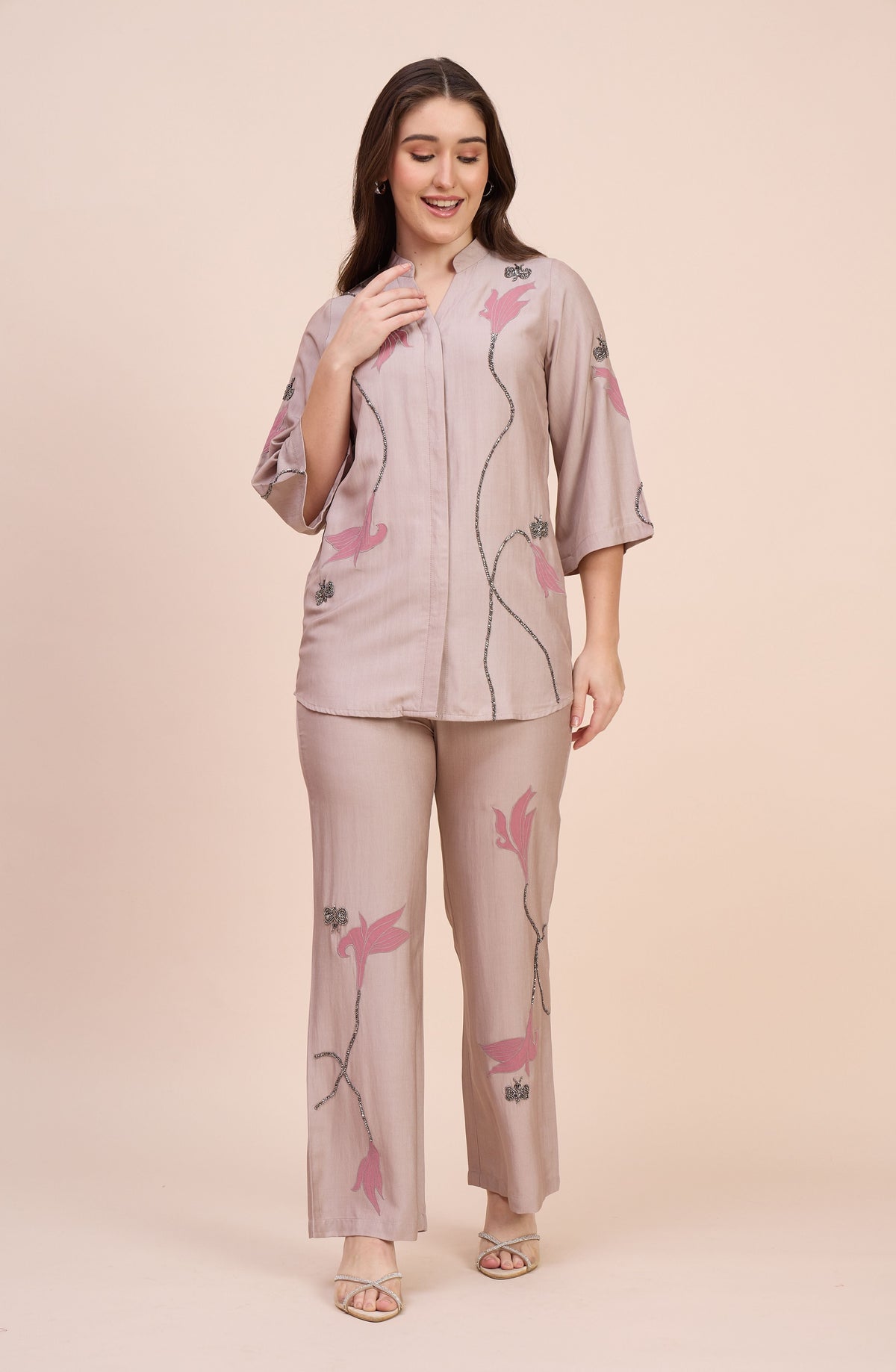 Off-Beige Co-ord Set with Beaded Vine & Pink Tulip Applique