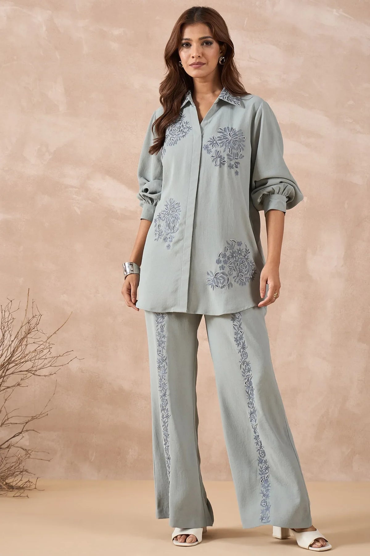Light Sage Green Embroidered Co-Ord Set