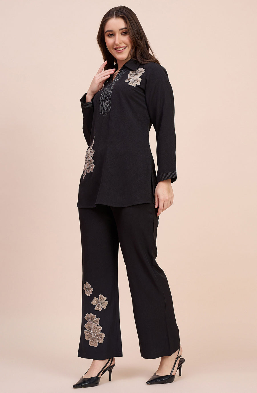 Black Co-ord Set with Beige Floral Applique