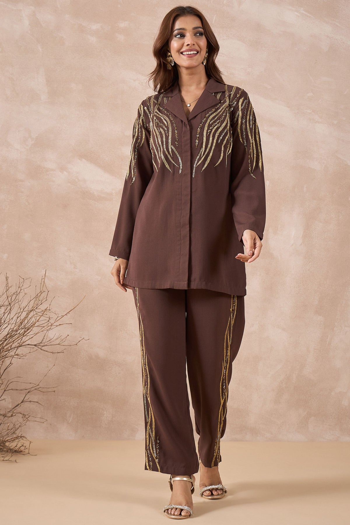 Brown Contrast Embellished Co-Ord Set