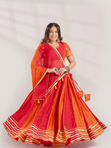 Vibrant Orange & Rani Pink Panel Lehenga Set with Gota Work & Tassel Latkan