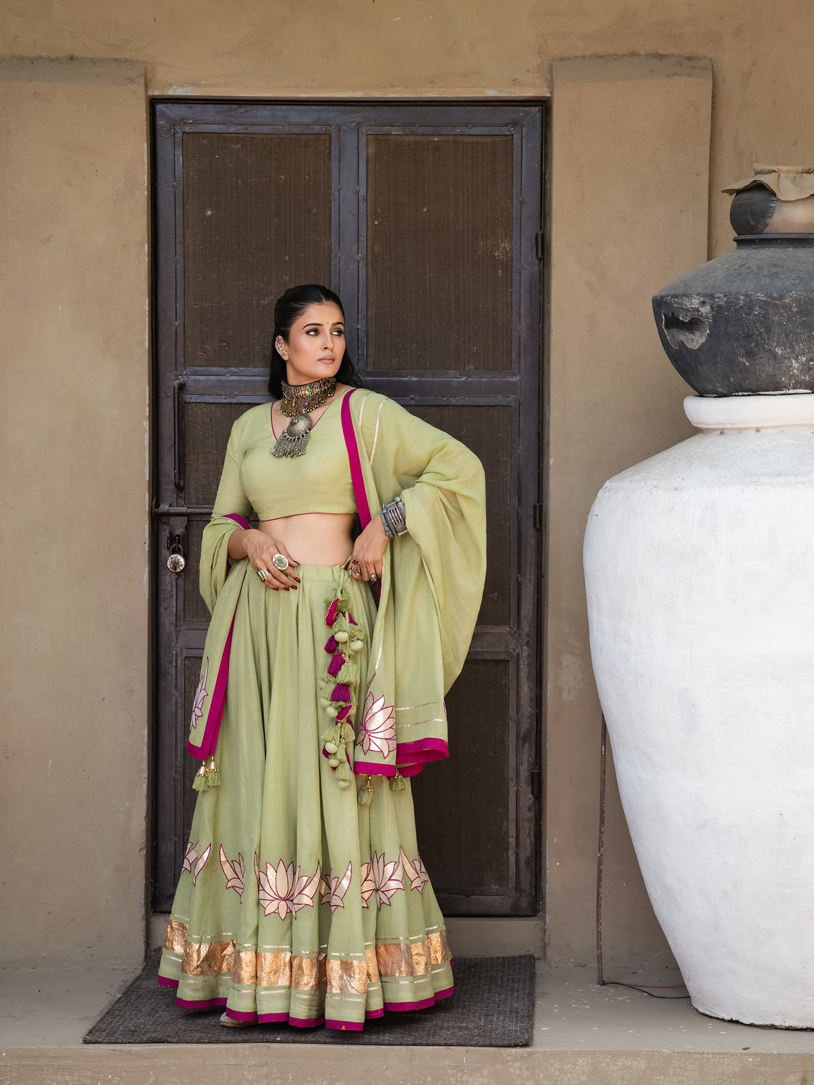 Pistachio Green Cotton Lehenga Set with Hand-Appliqué Lotus Motifs & Magenta Accent Piping