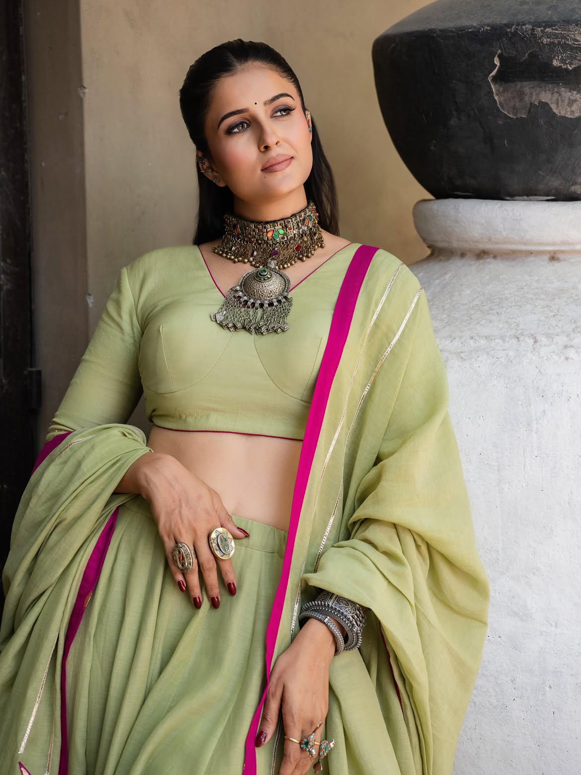 Pistachio Green Cotton Lehenga Set with Hand-Appliqué Lotus Motifs & Magenta Accent Piping