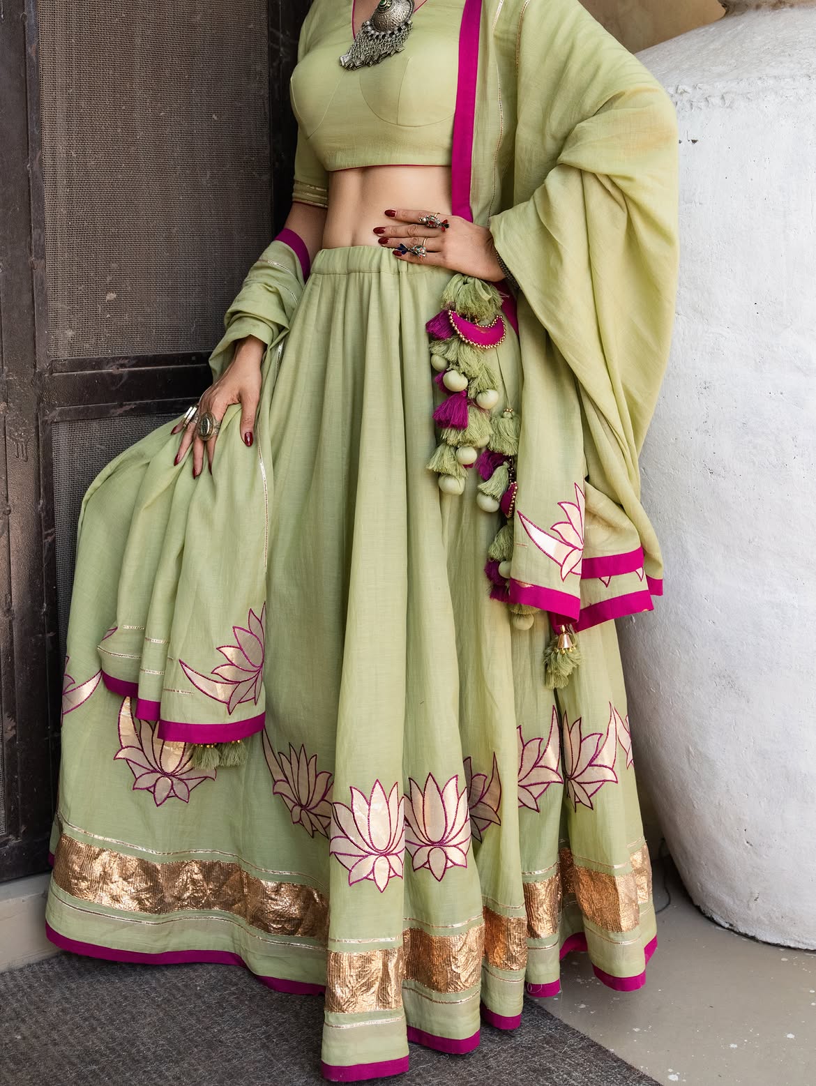 Pistachio Green Cotton Lehenga Set with Hand-Appliqué Lotus Motifs & Magenta Accent Piping