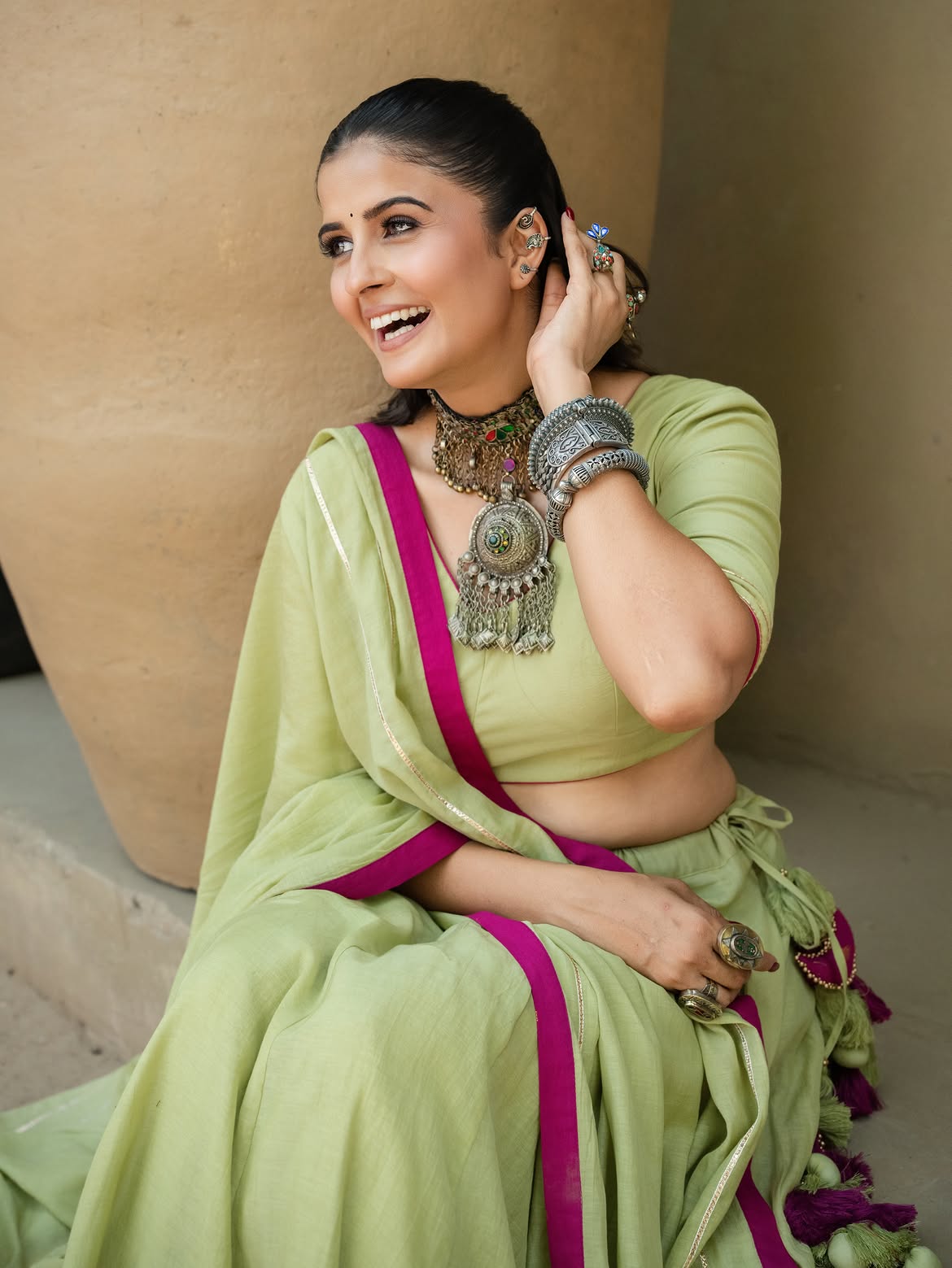 Pistachio Green Cotton Lehenga Set with Hand-Appliqué Lotus Motifs & Magenta Accent Piping