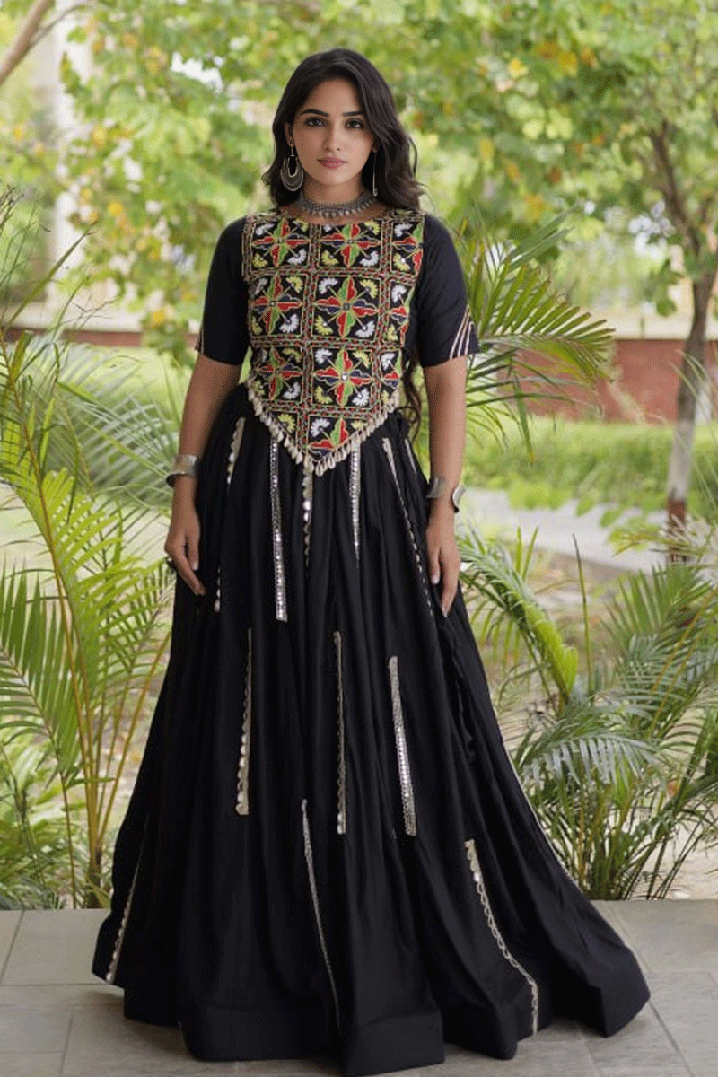Designer Real Mirror With Embroidery Work Black Color Lehenga Choli For Garba