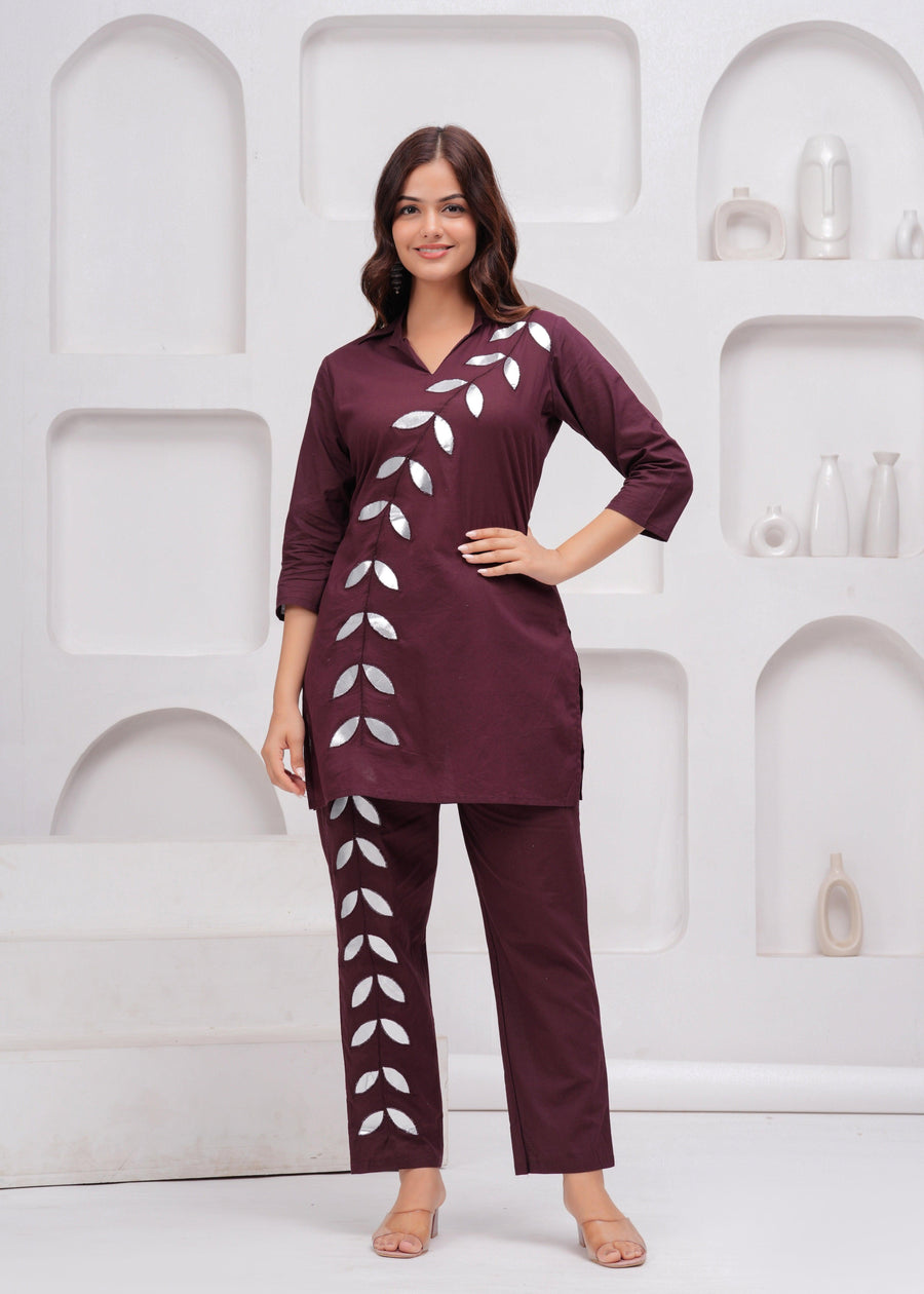 Wine Embellished Cotton Co-Ord Set