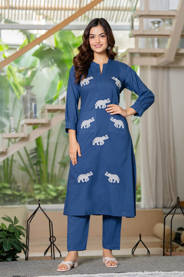 Blue Embroidered Cotton Co-Ord Set