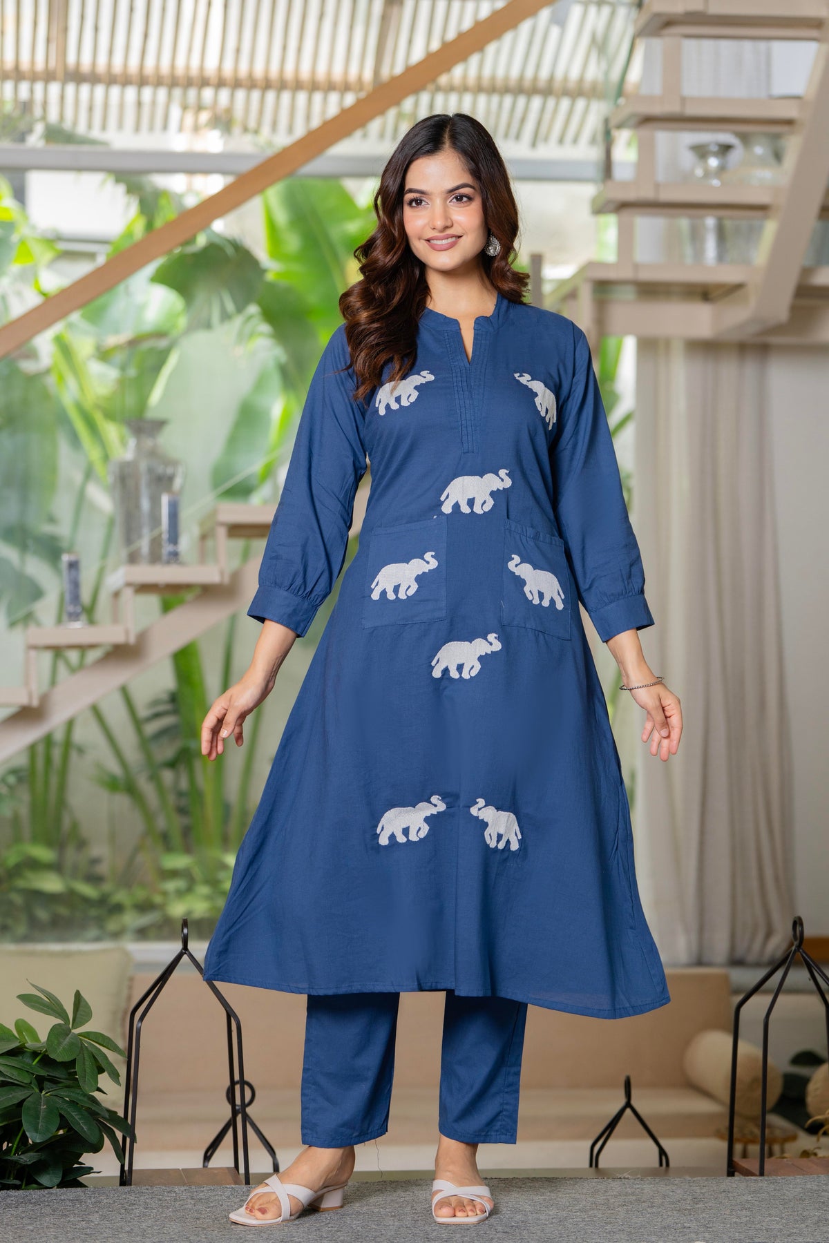 Blue Embroidered Cotton Co-Ord Set