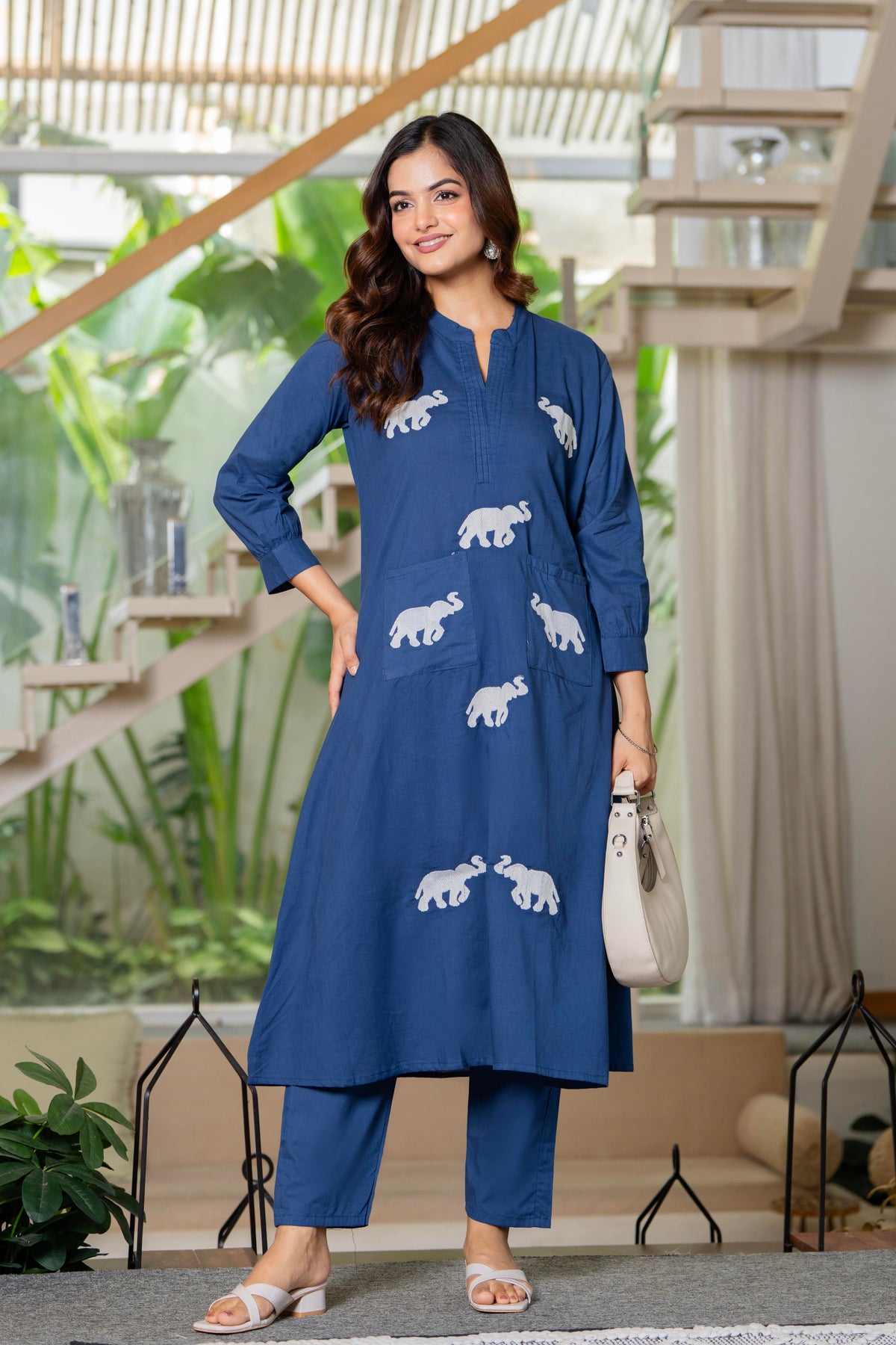 Blue Embroidered Cotton Co-Ord Set