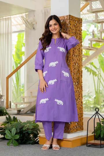 Soft Purple Embroidered Cotton Co-Ord Set